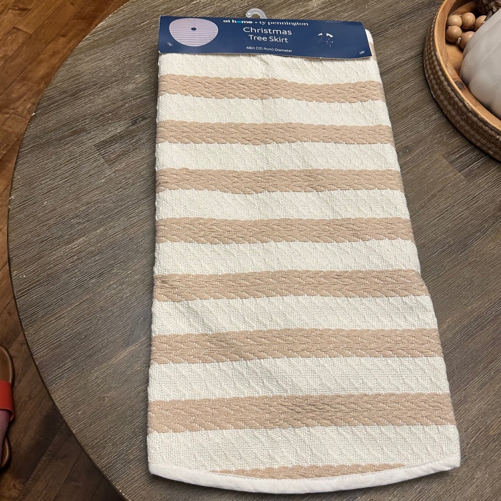 At Home Ty Pennington Christmas Tree Skirt 48 in Diameter Tan Cream Stripes Knit